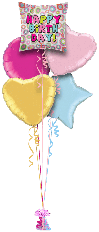 Happy Birthday Retro Pink Flowers Balloon Bunch