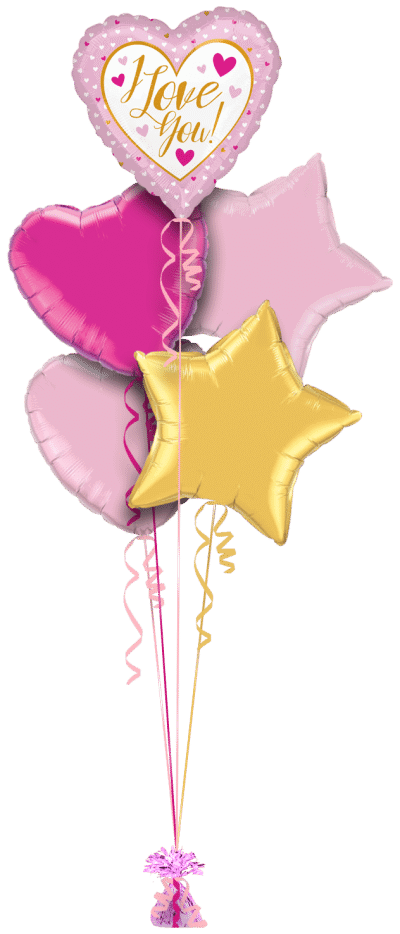 I Love You Pink and Gold Hearts Balloon Bunch