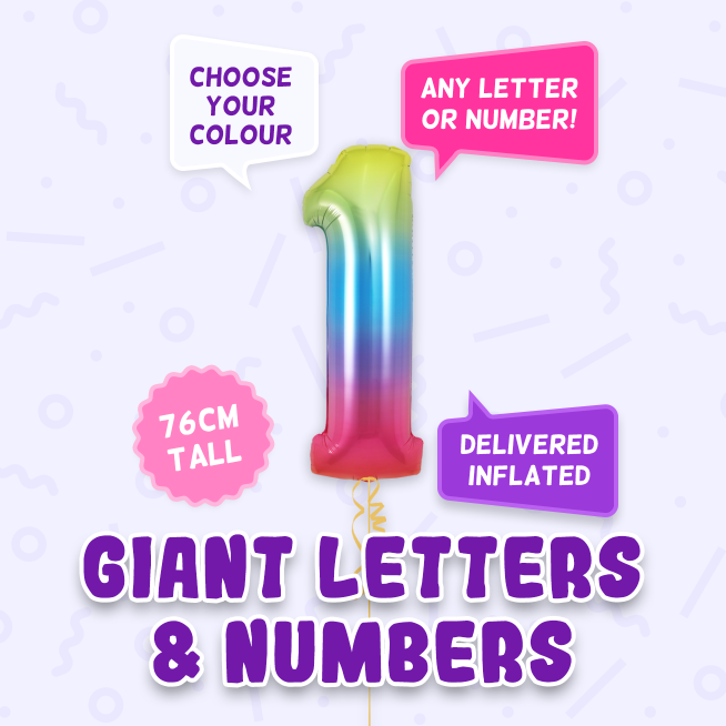 A 76cm tall 1st Birthday, Letters & Numbers balloon example
