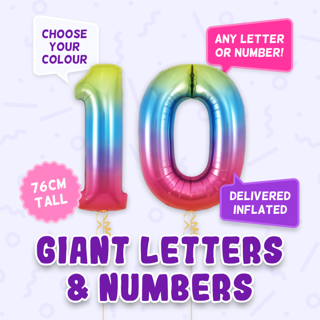 A 76cm tall 10th Birthday, Letters & Numbers balloon example