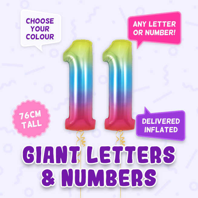 A 76cm tall 11th Birthday, Letters & Numbers balloon example