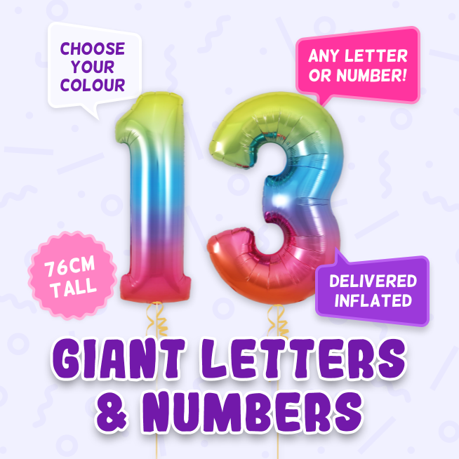 A 76cm tall 13th Birthday, Letters & Numbers balloon example