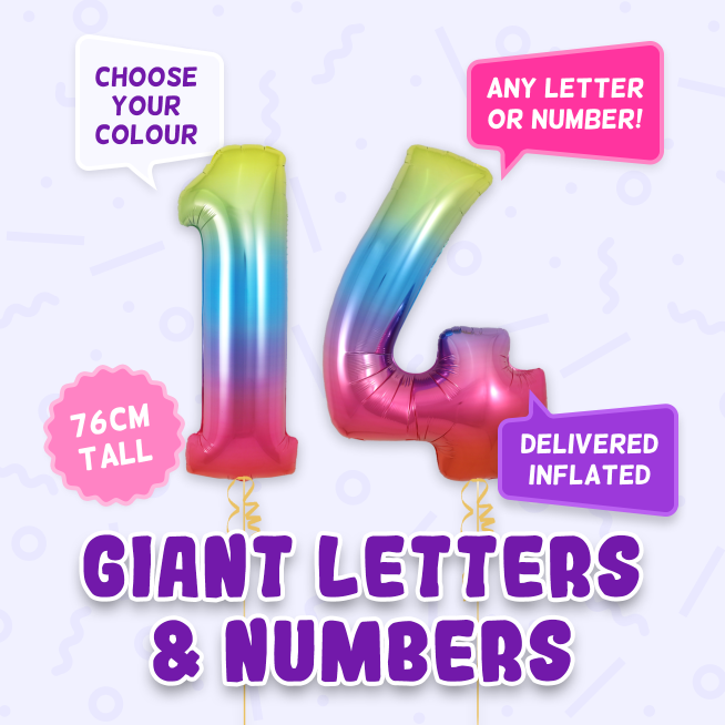 A 76cm tall 14th Birthday, Letters & Numbers balloon example