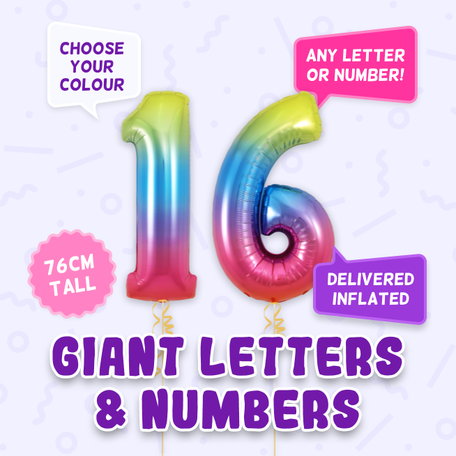 A 76cm tall 16th Birthday, Letters & Numbers balloon example
