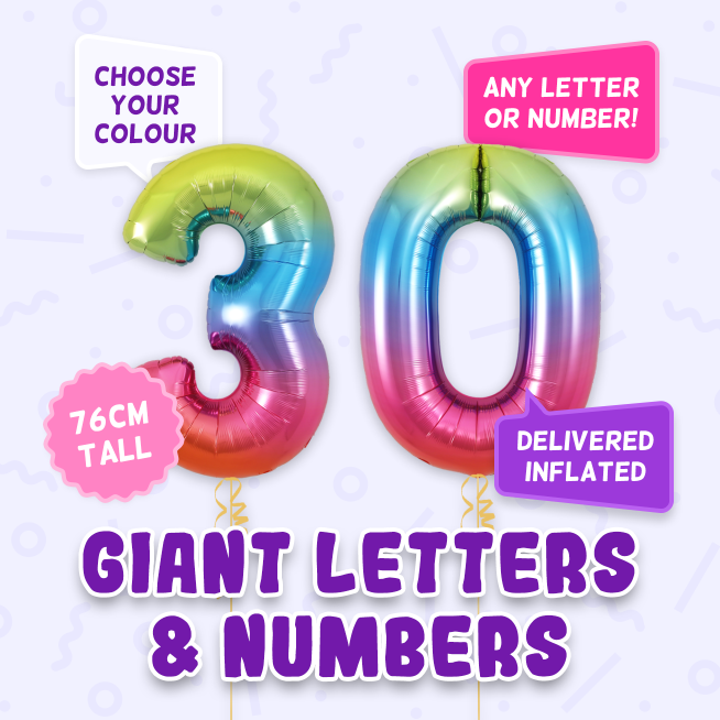A 76cm tall 30th Birthday, Letters & Numbers balloon example