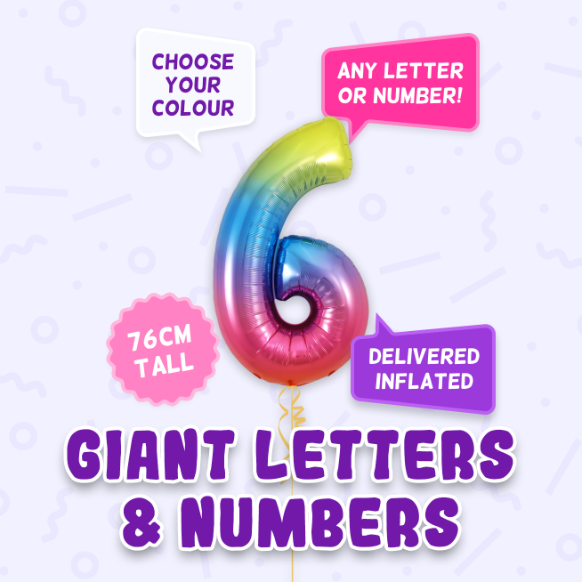 A 76cm tall 6th Birthday, Letters & Numbers balloon example