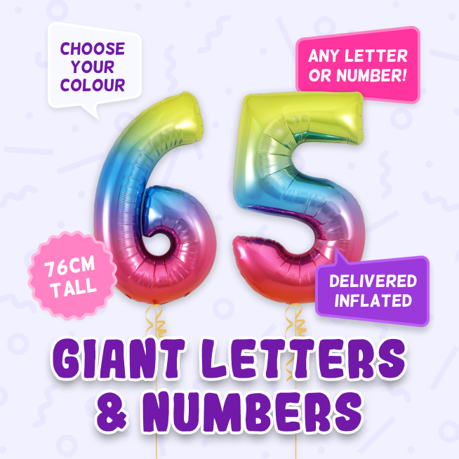 A 76cm tall 65th Birthday, Letters & Numbers balloon example