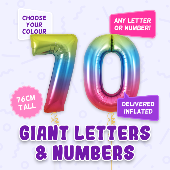 A 76cm tall 70th Birthday, Letters & Numbers balloon example