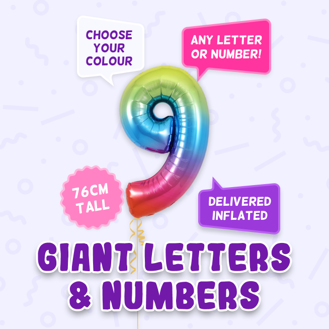 A 76cm tall 9th Birthday, Letters & Numbers balloon example