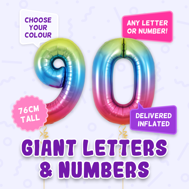 A 76cm tall 90th Birthday, Letters & Numbers balloon example